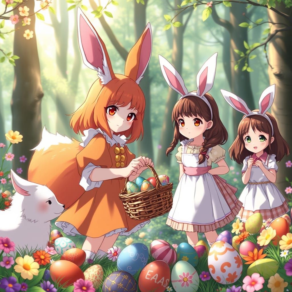 Anime Easter Bunny Fox Girl and Friends in Whimsical Forest