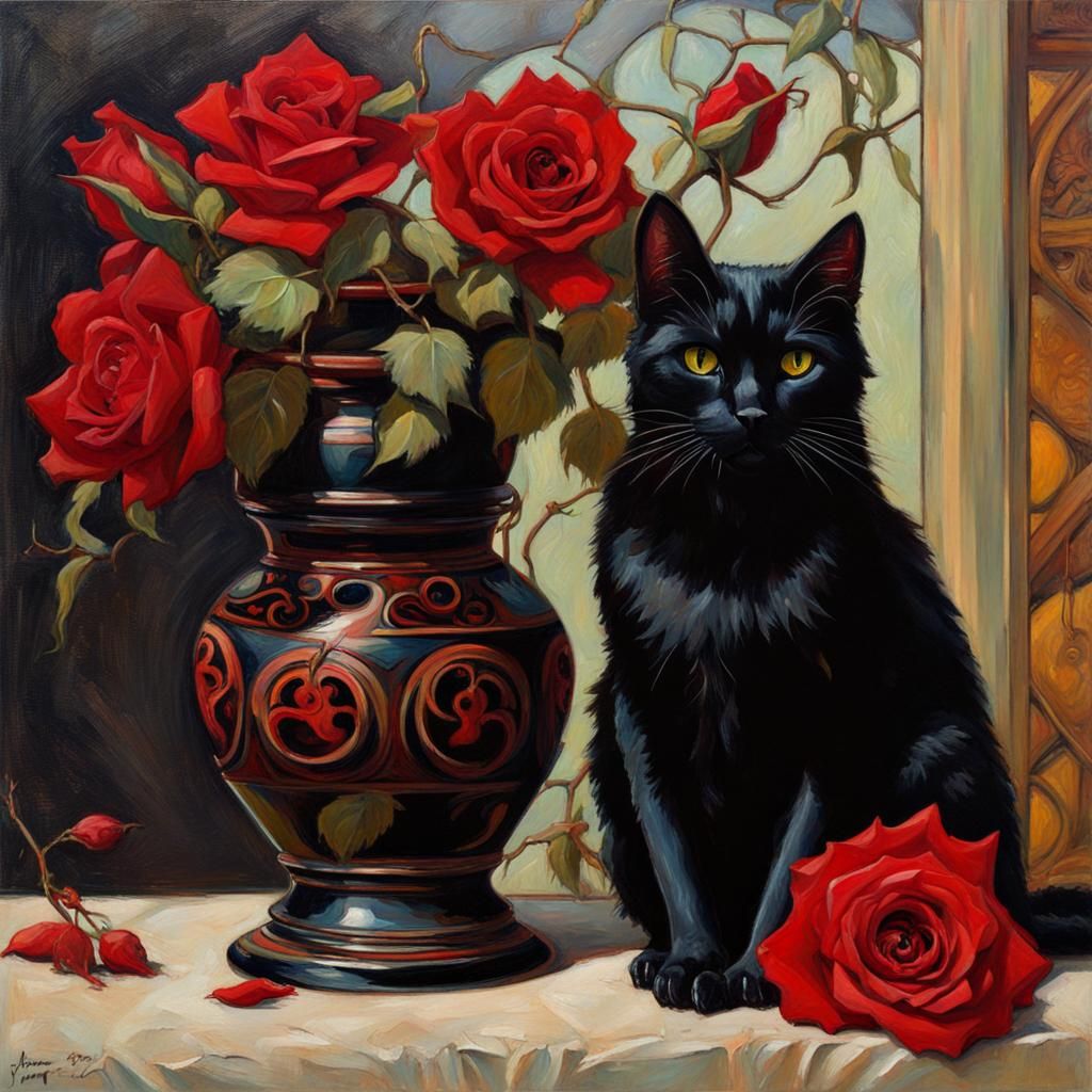 Art Nouveau Still Life with Roses and Black Cat