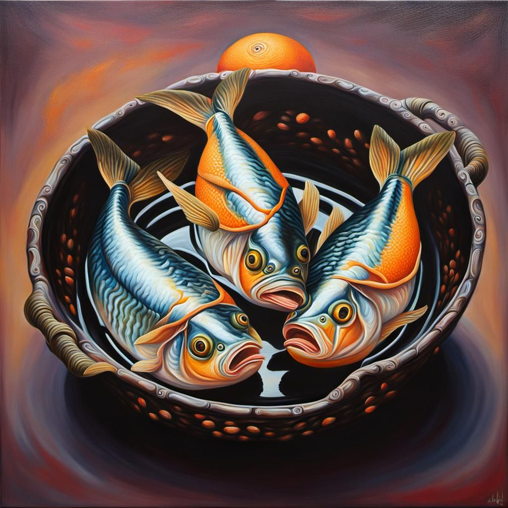 Surrealist Oil Painting of Oranges and Mackerel