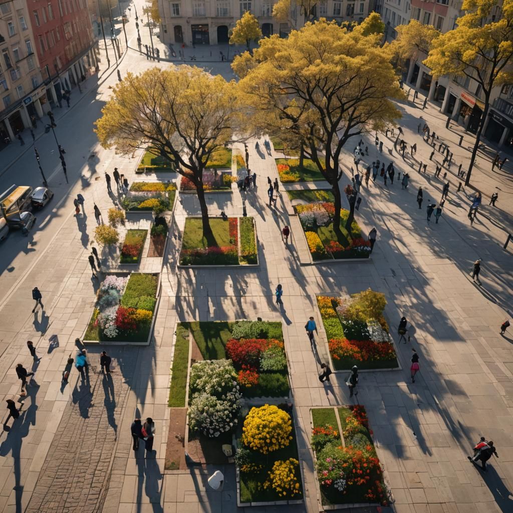 Springtime Children Playing in Sunny Town Square