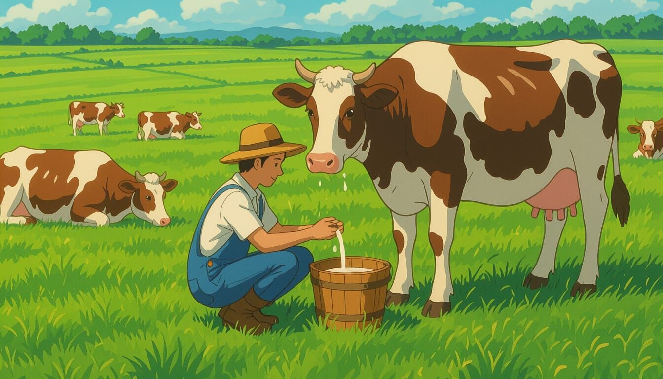 Farm Scene in Ghibli Clay Style with Cows