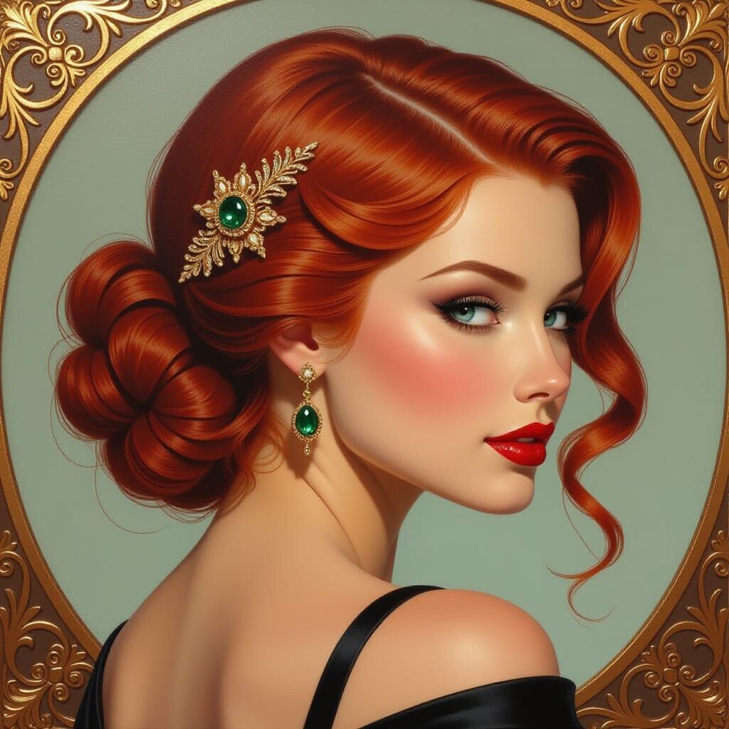 Woman's Ornate Comb Holding Red Hair, Oil Painting Style