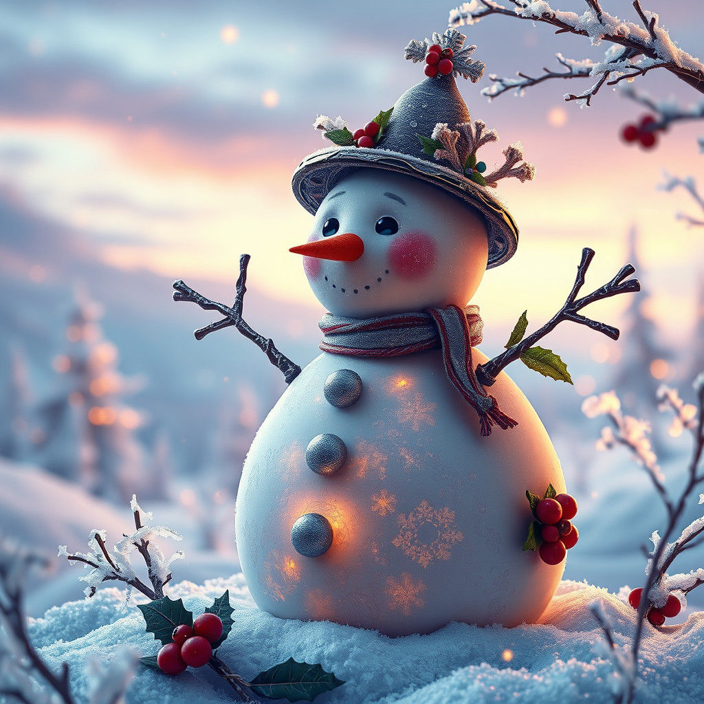 Whimsical Snowman in Mystical Winter Wonderland