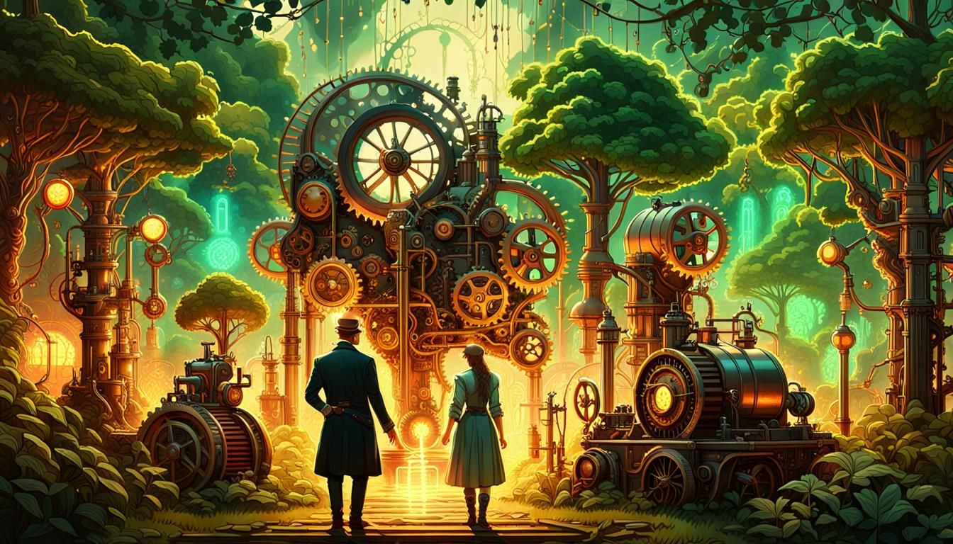 Steampunk Adam and Eve in Eden with Neon Lights