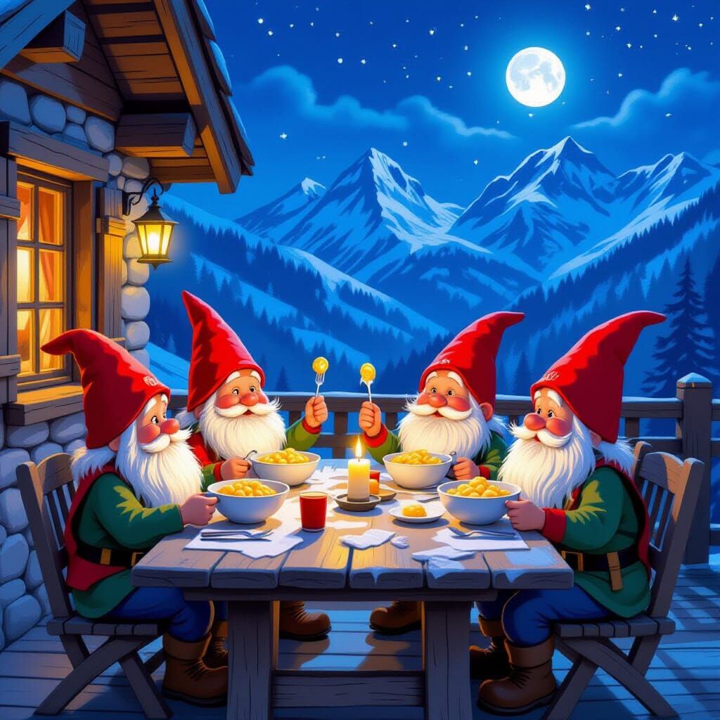 Gnome Mountaineers Enjoy Gnocchi in Moonlit Dolomites