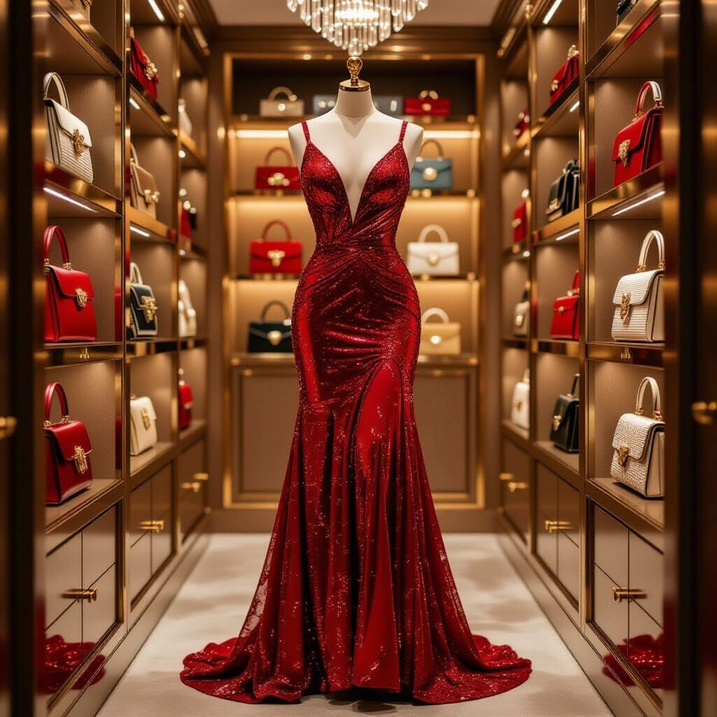 Stunning Ruby Red Gown in Opulent Walk-In Closet
