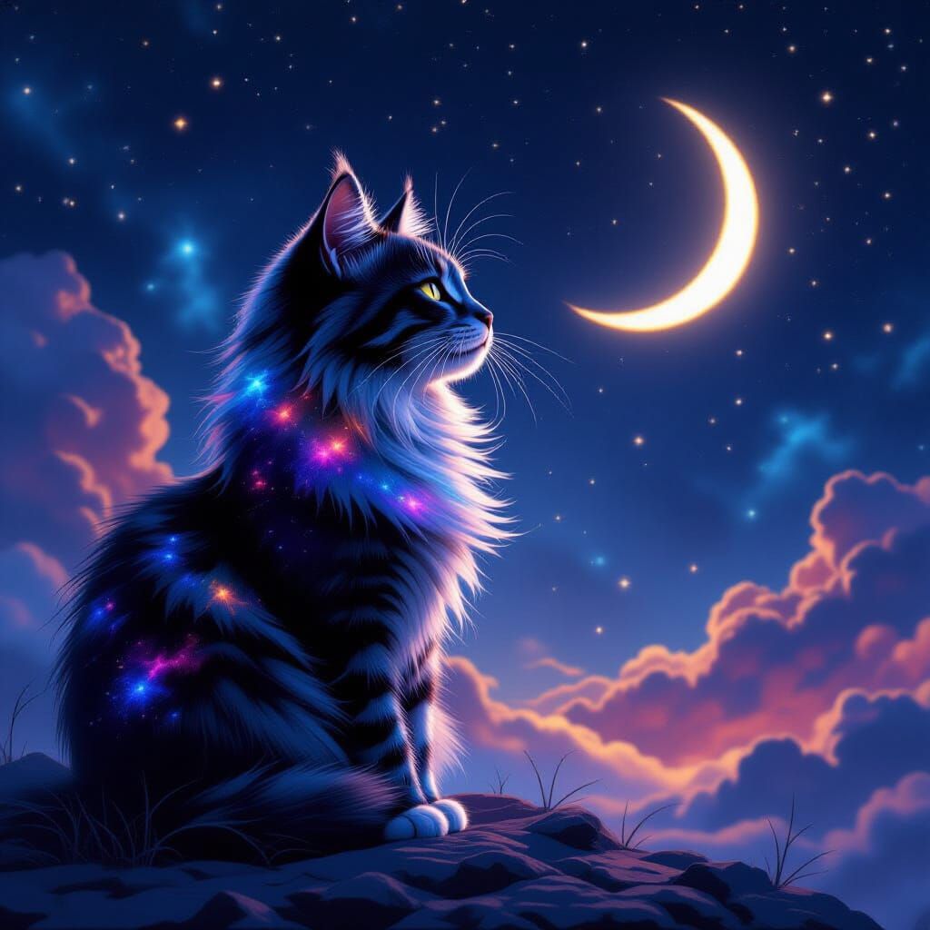 Cosmic Cat Gazing at Crescent Moon
