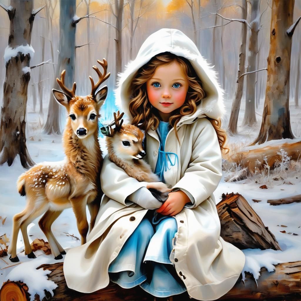 Girl and Deer in Encaustic Painting Style