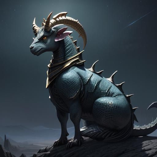 Black Dragon with Curly Horns in Matte Painting Style