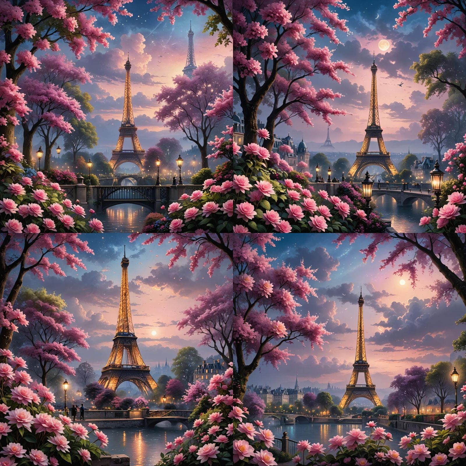 Paris Summer Scene with Eiffel Tower at Night