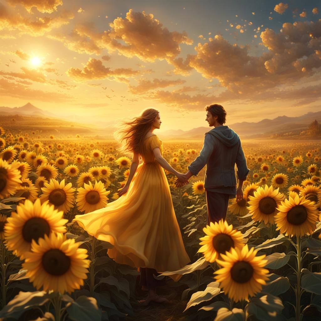 Couple in Sunflower Field at Sunrise: Detailed Matte Paintin...