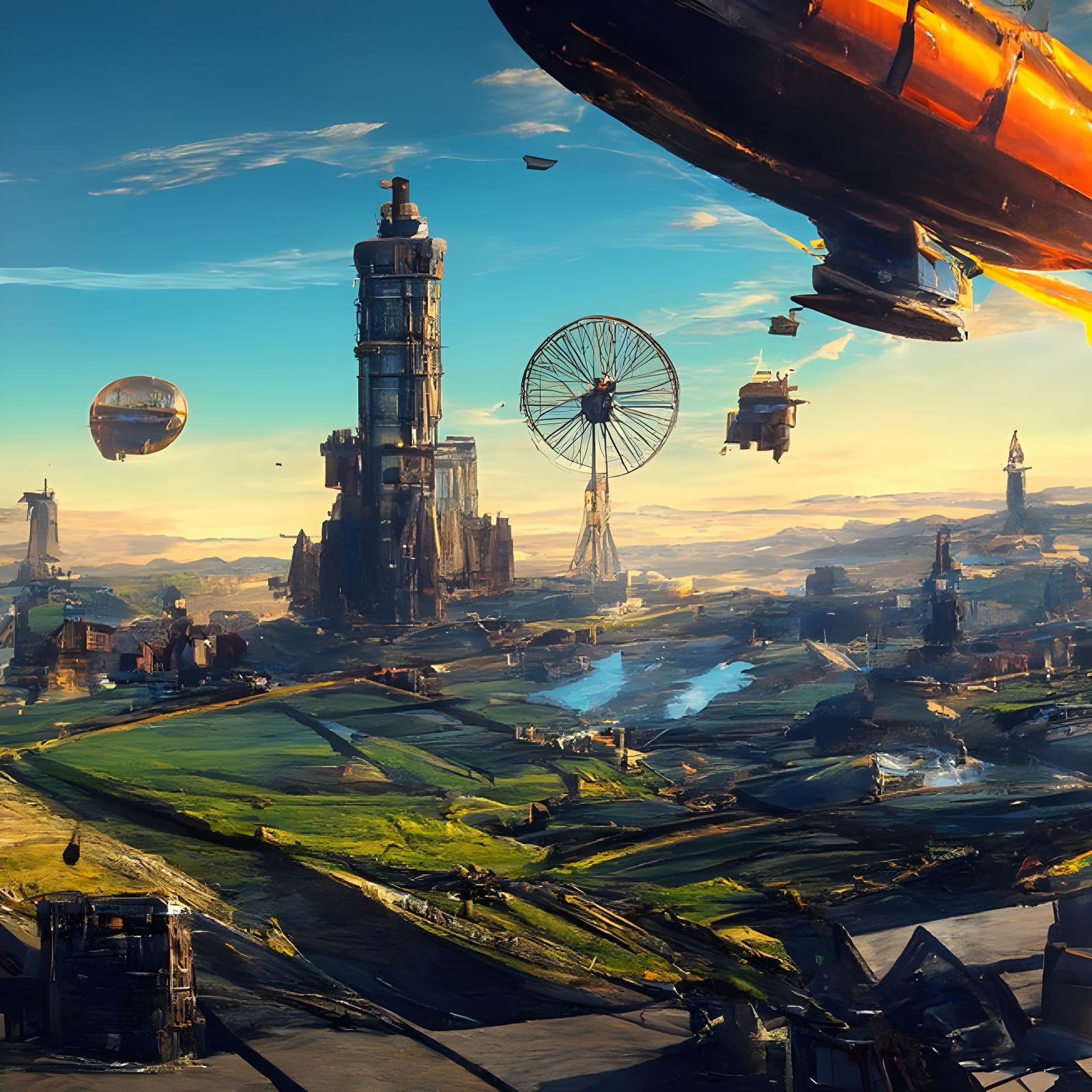 Golden Airship Over Steampunk Cornfield City