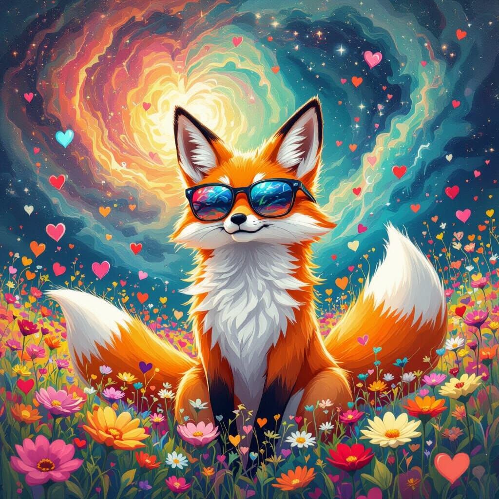 Colorful Nine-Tailed Fox in Watercolor Flower Field