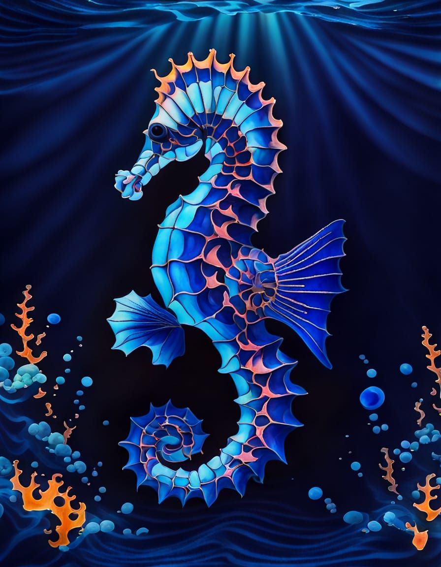 Electric Blue Seahorse in Fractal Style Ocean
