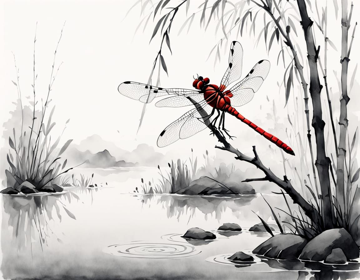 Dragonfly on Willow Branch in Sumi-e Style