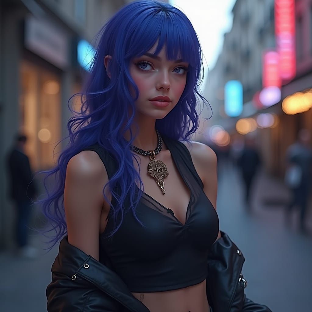 Ethereal Young Woman with Electric Blue Hair and Violet Eyes