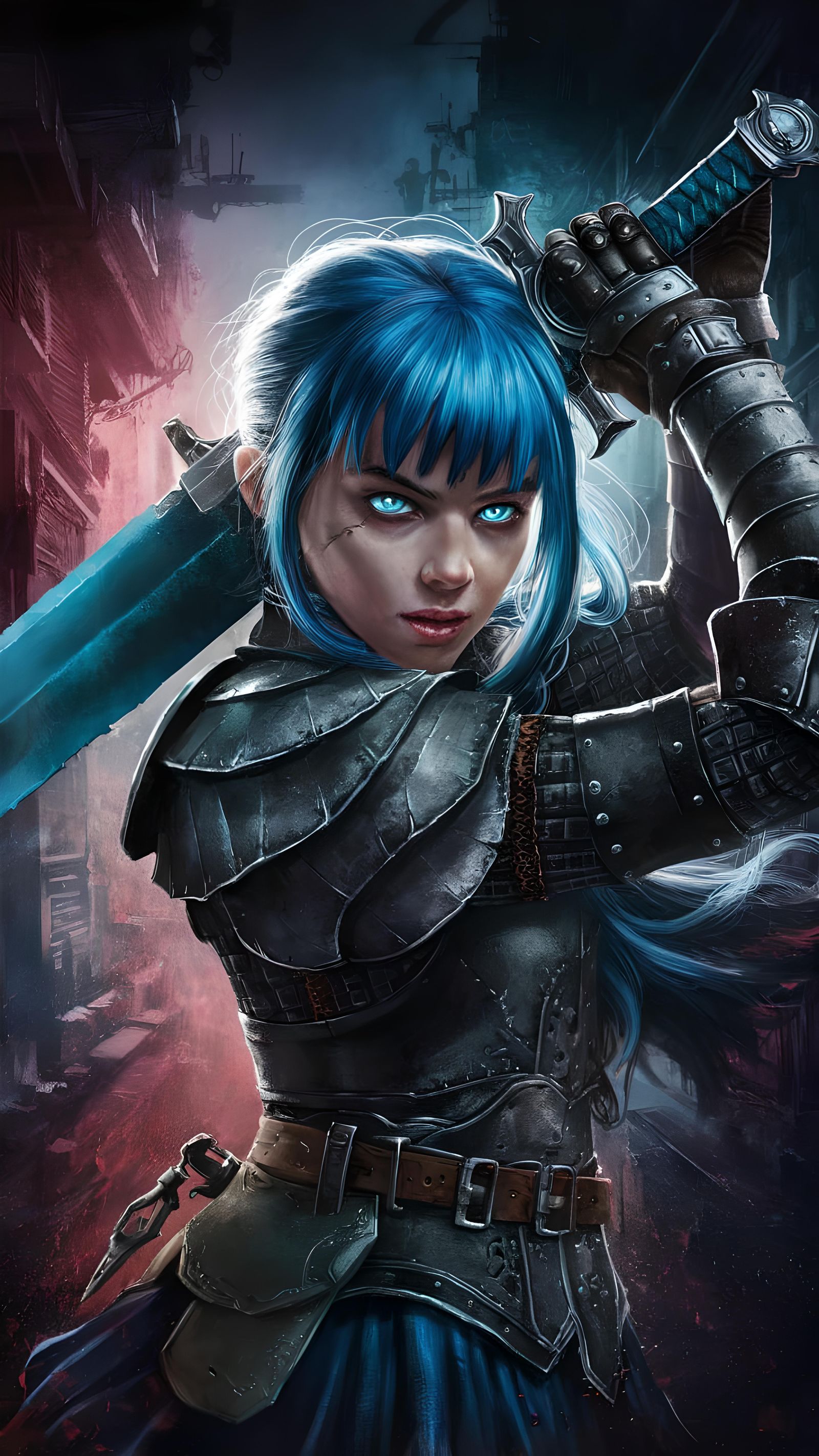Blue-Haired Warrior in Grimdark City, Hyperrealistic Splash ...
