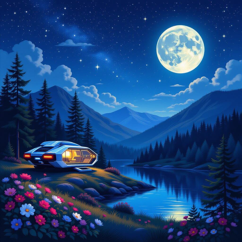 Futuristic Cabin by Moonlit Lake in Pine Woods