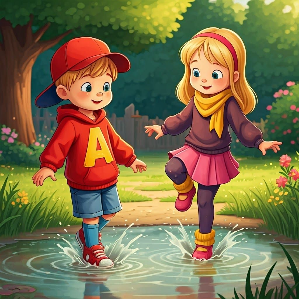 Children Splashing in a Muddy Puddle