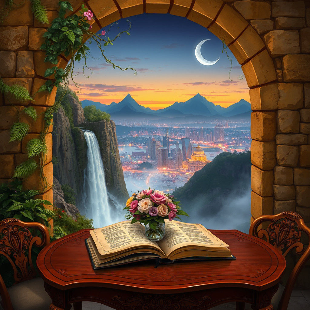 Majestic Stone Archway Overlooking Cityscape at Dusk