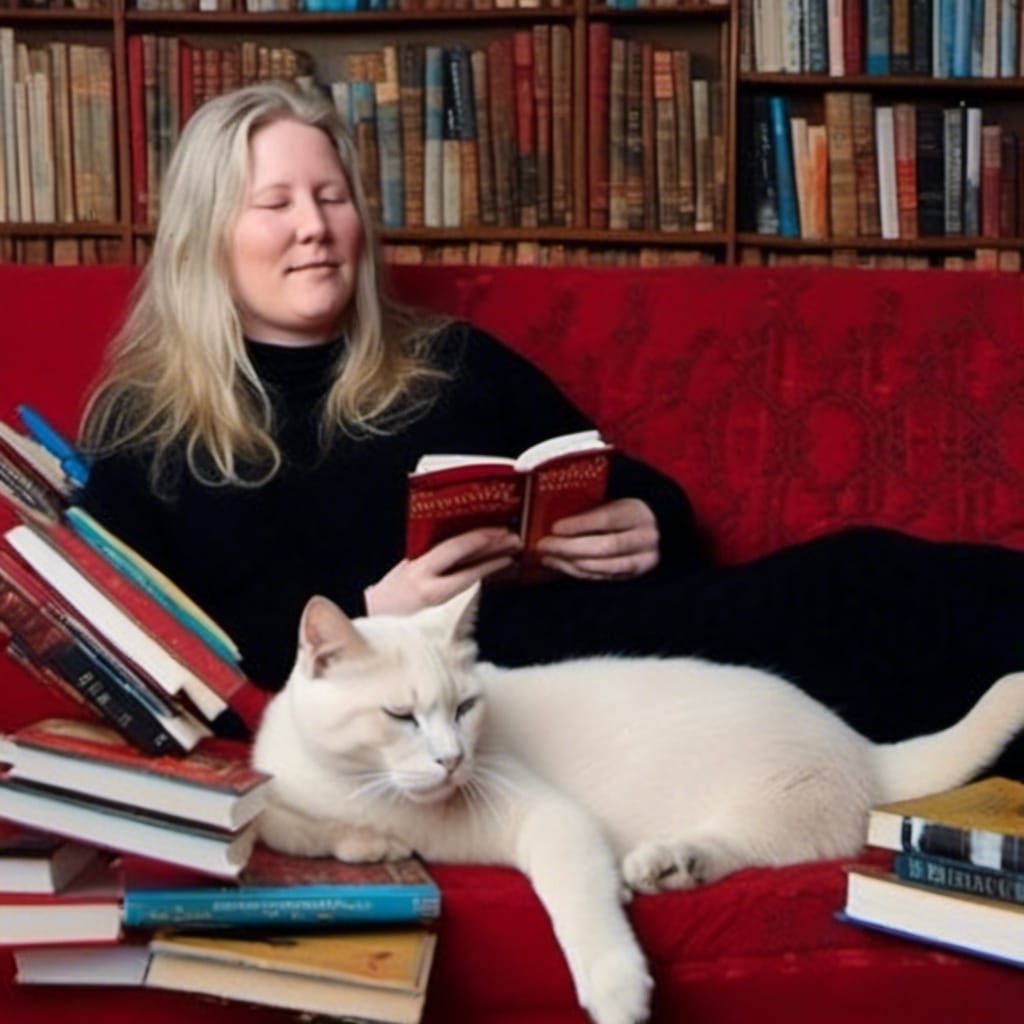 Woman Reading in Cozy Room with Cats