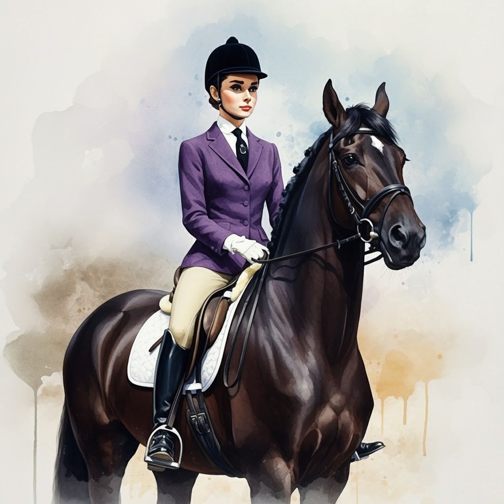 Audrey Hepburn Riding a Black Horse in Watercolor Style