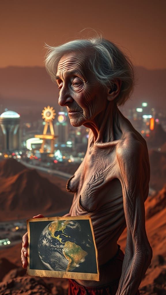 Elderly Martian Colonist Gazes at Earth Photo