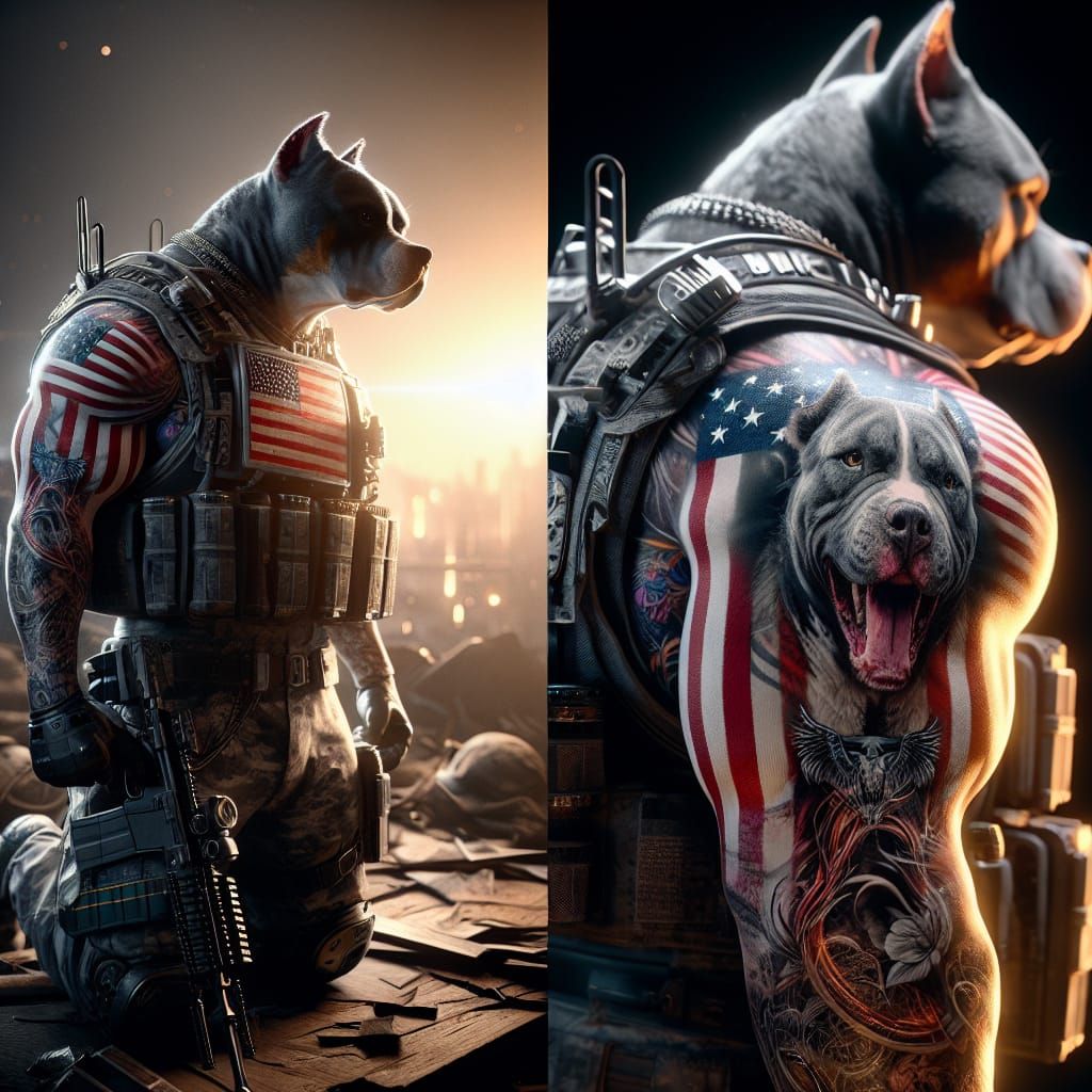 Pitbull Hybrid Warrior in War Zone, 3D Cinematic