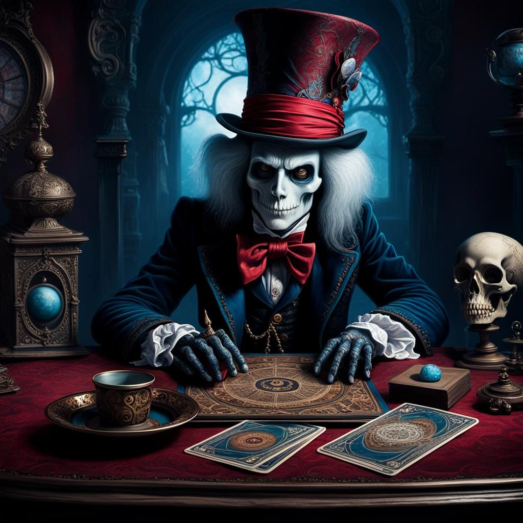 Skull-faced mad hatter the magician and his Tarot card