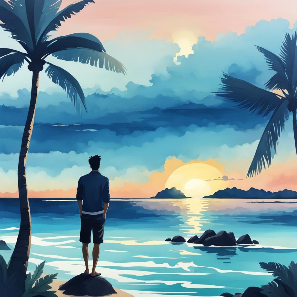 Man Enjoys Island Sunset in Watercolor Style