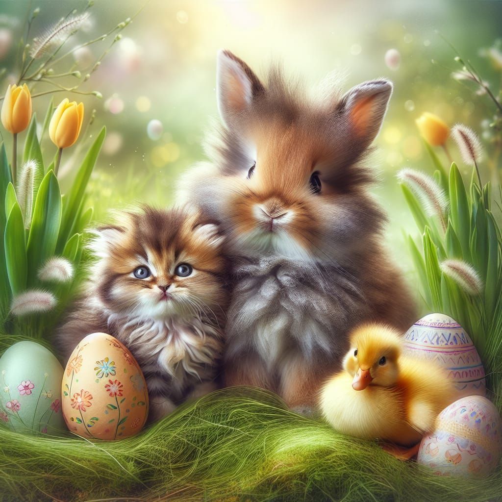 Springtime Friends: Bunny, Kitten, and Duckling with Easter ...