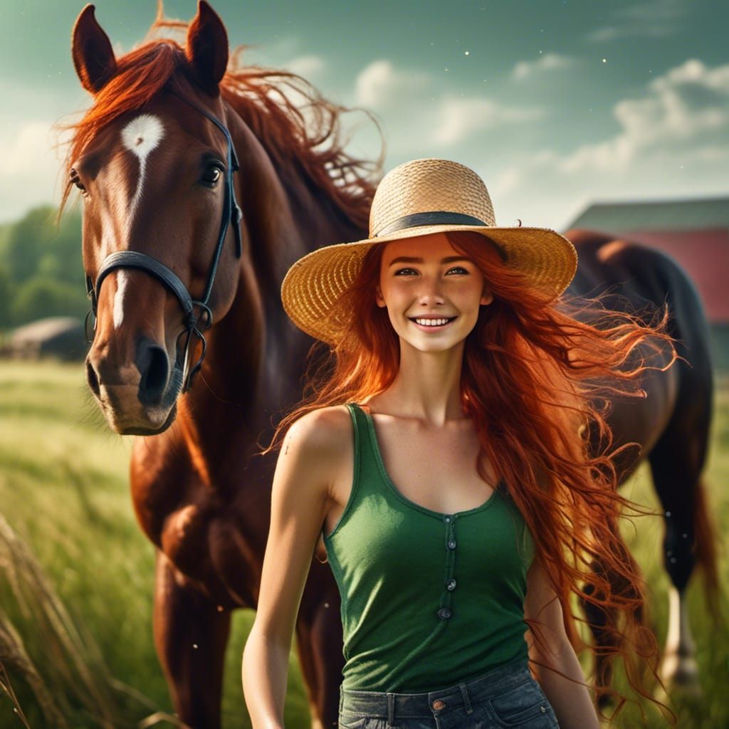 Beautiful Redhead with Horse in Hyperrealistic Style