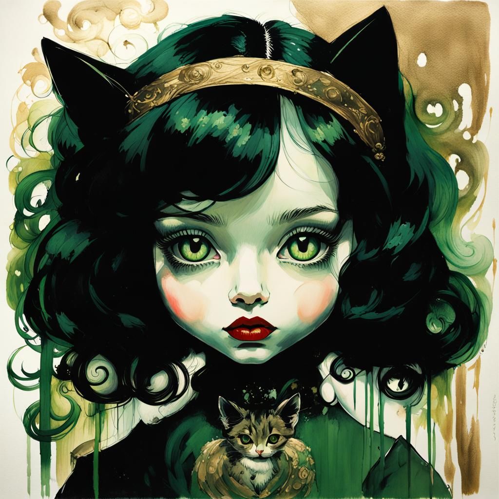 Eerie Chibi Cat Girl in Black Ink
