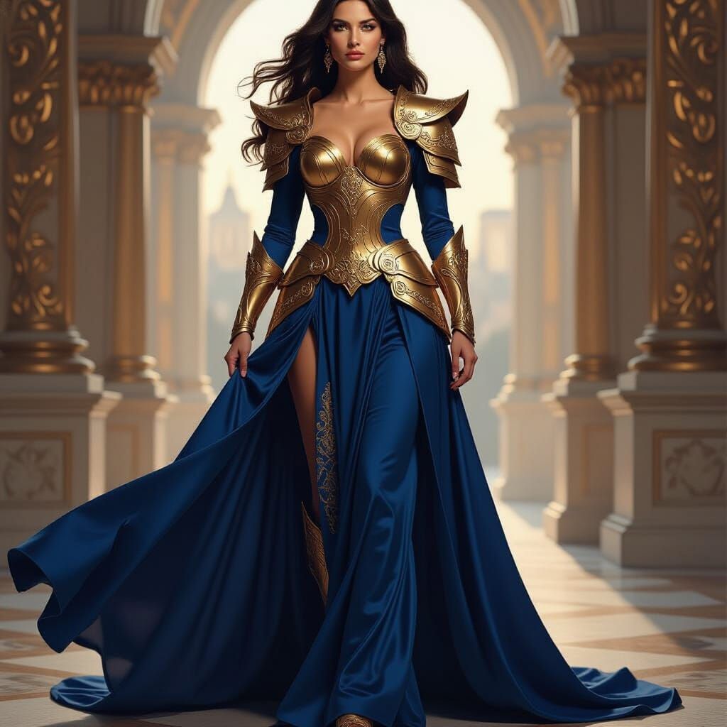 Regal Woman in Golden Armor and Blue Gown