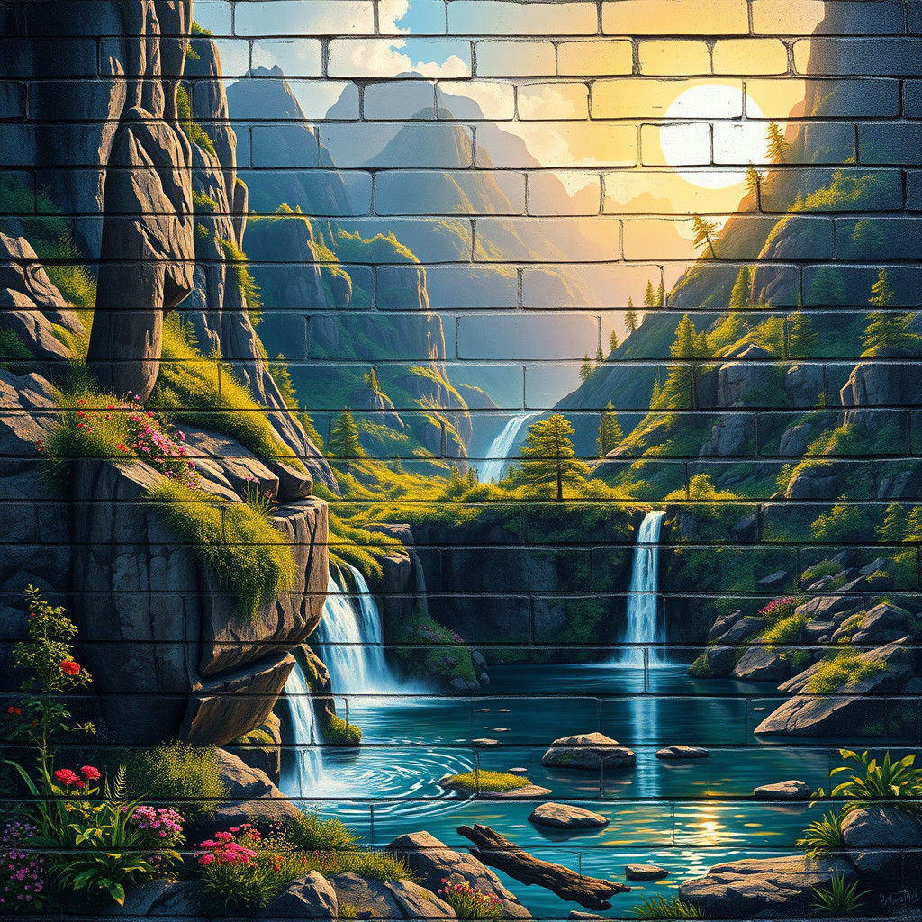 Mountain Valley Graffiti Art with Stone Hand