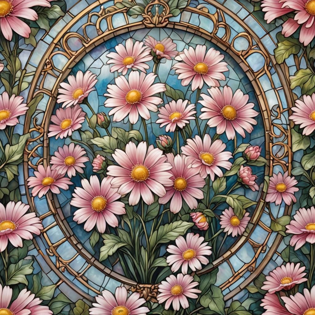 Bellis Flower in Stained Glass Oval, Ethereal Fantasy