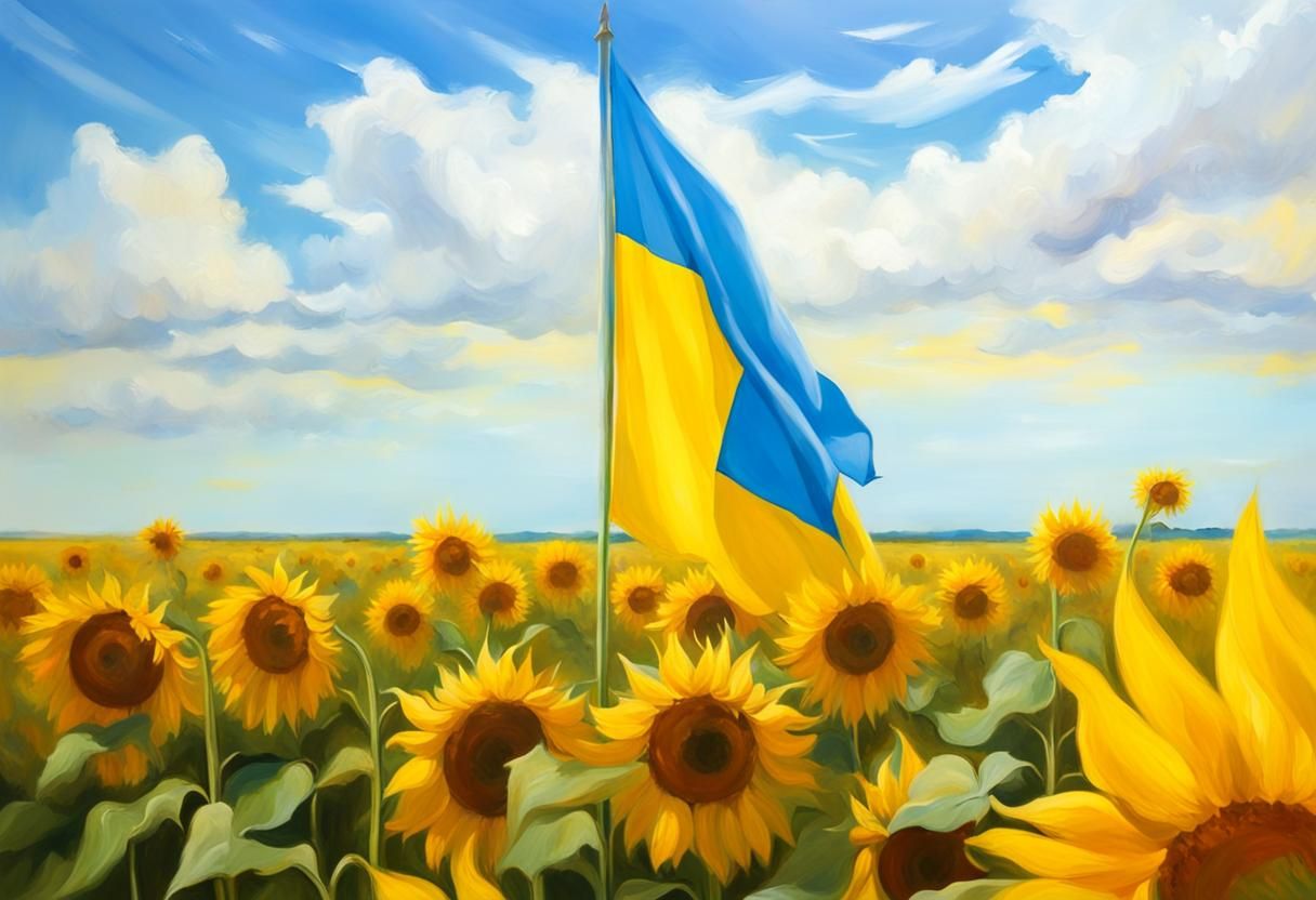 Tall Yellow sunflowers with Flag of Ukraine