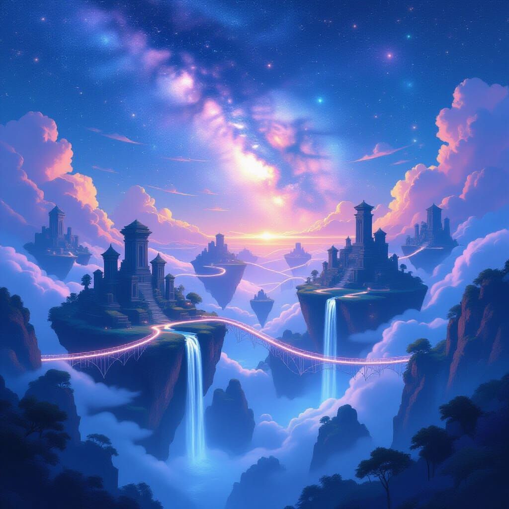 Ethereal Floating Islands in Nebula Sky