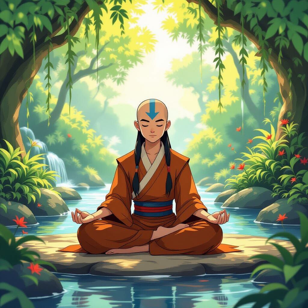 Avatar Aang Meditating in Fire Nation Grove, Ghibli Style
