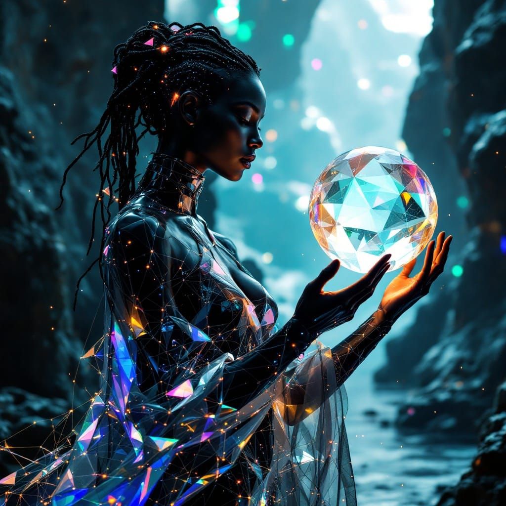 Cyberpunk Woman Crafts Sphere in Neon Cityscape