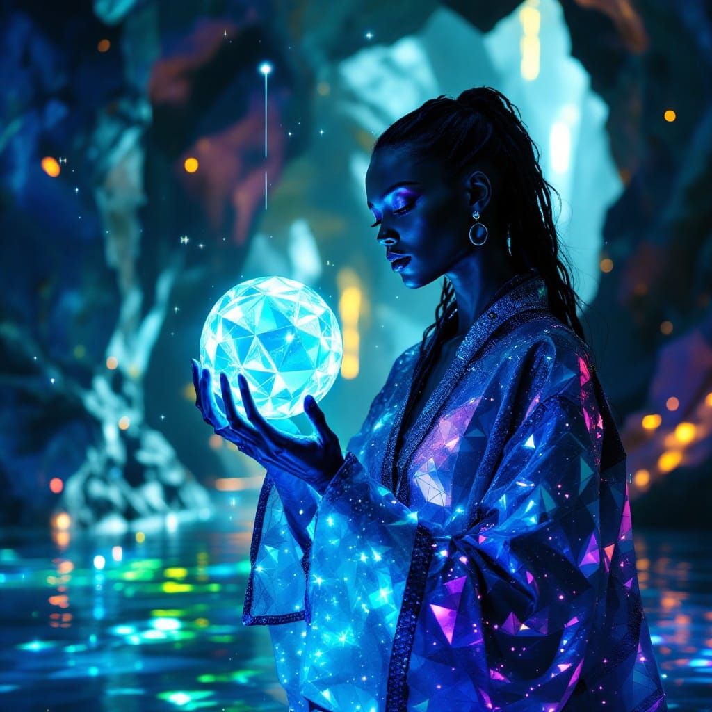 Onyx Woman in Cyberpunk Arcology with Nano Sphere