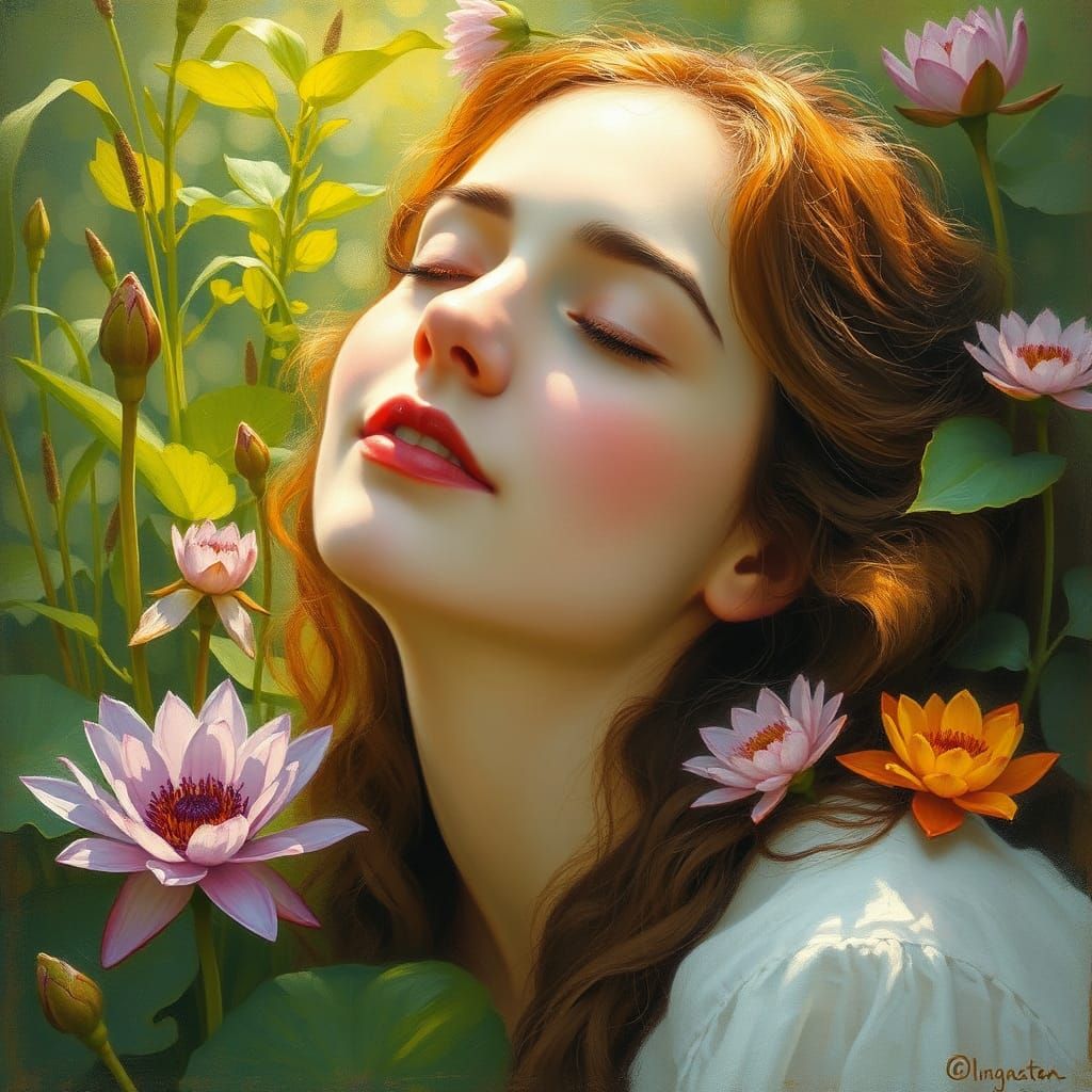 Serene Woman Surrounded by Flowers in Impressionist Style