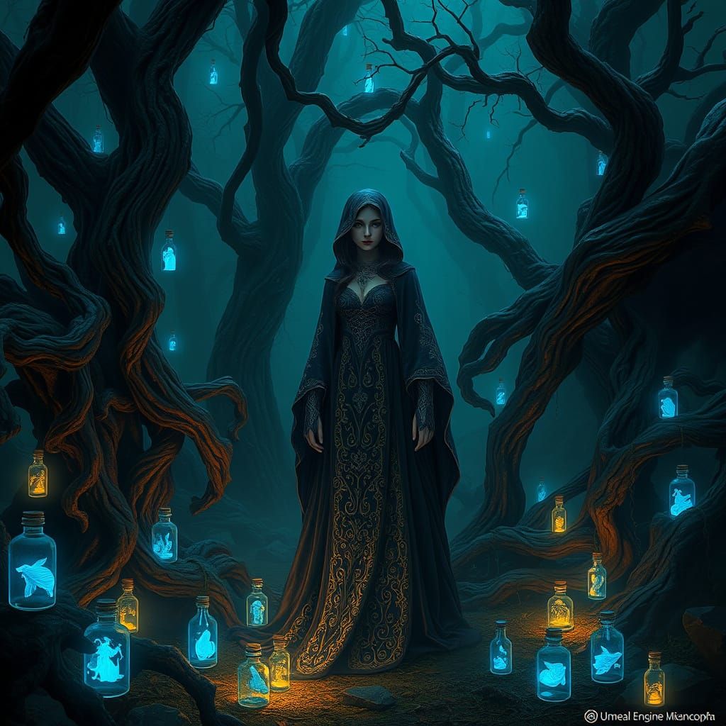 Gothic Sorceress Enchants Dark Forest with Blue Magic