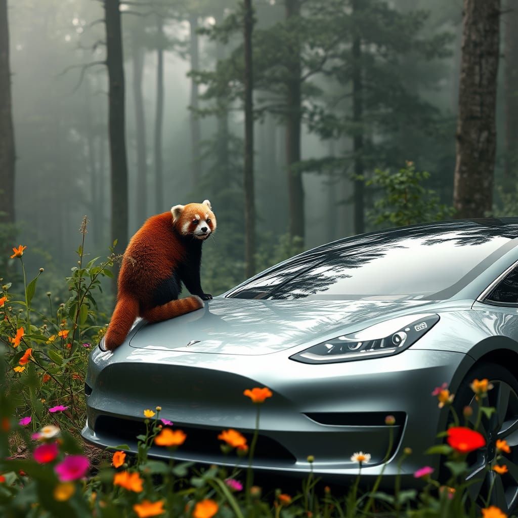 Red Panda Sighting on Silver Tesla, Matte Painting