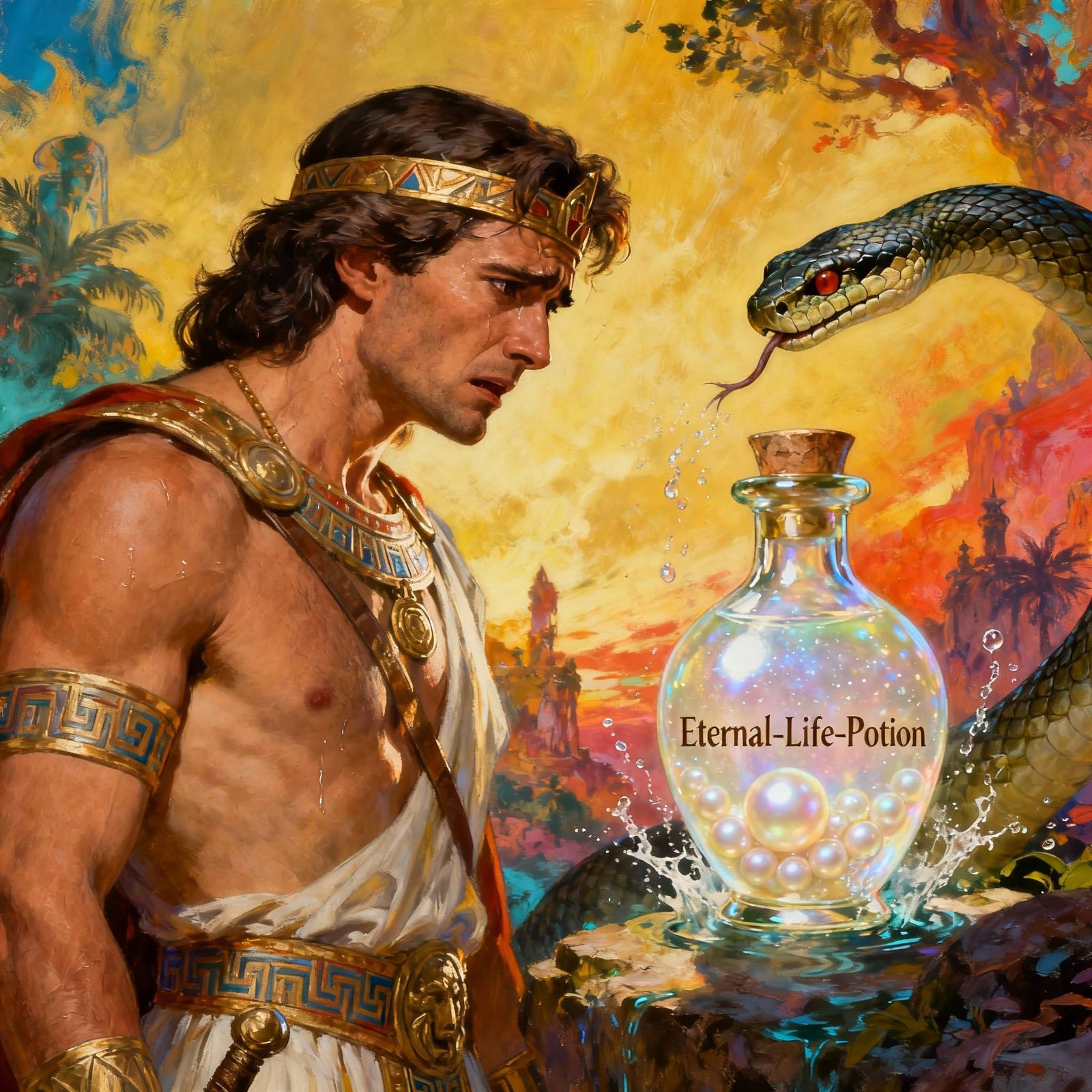 The Sumerian hero Gilgamesh losing his Eternal-Life-Potion t...