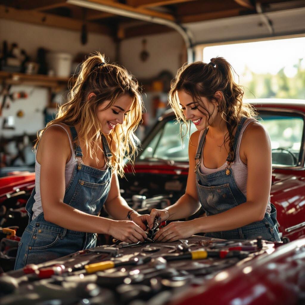 Friends Repair Classic Car in Sunlit Garage