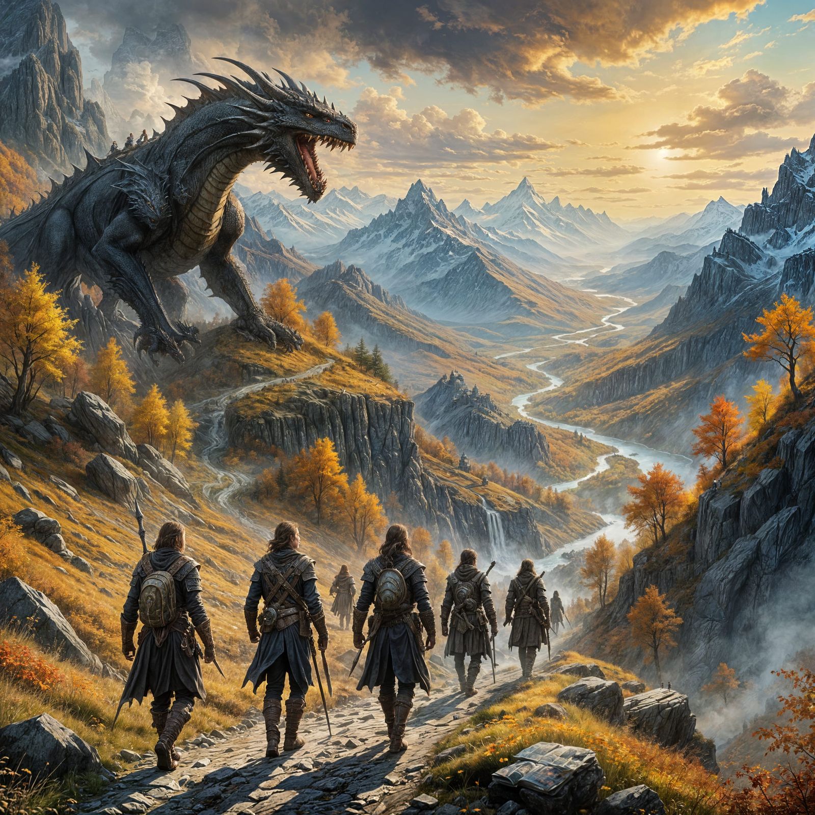 Adventurers in Mountain Pass with Dragon