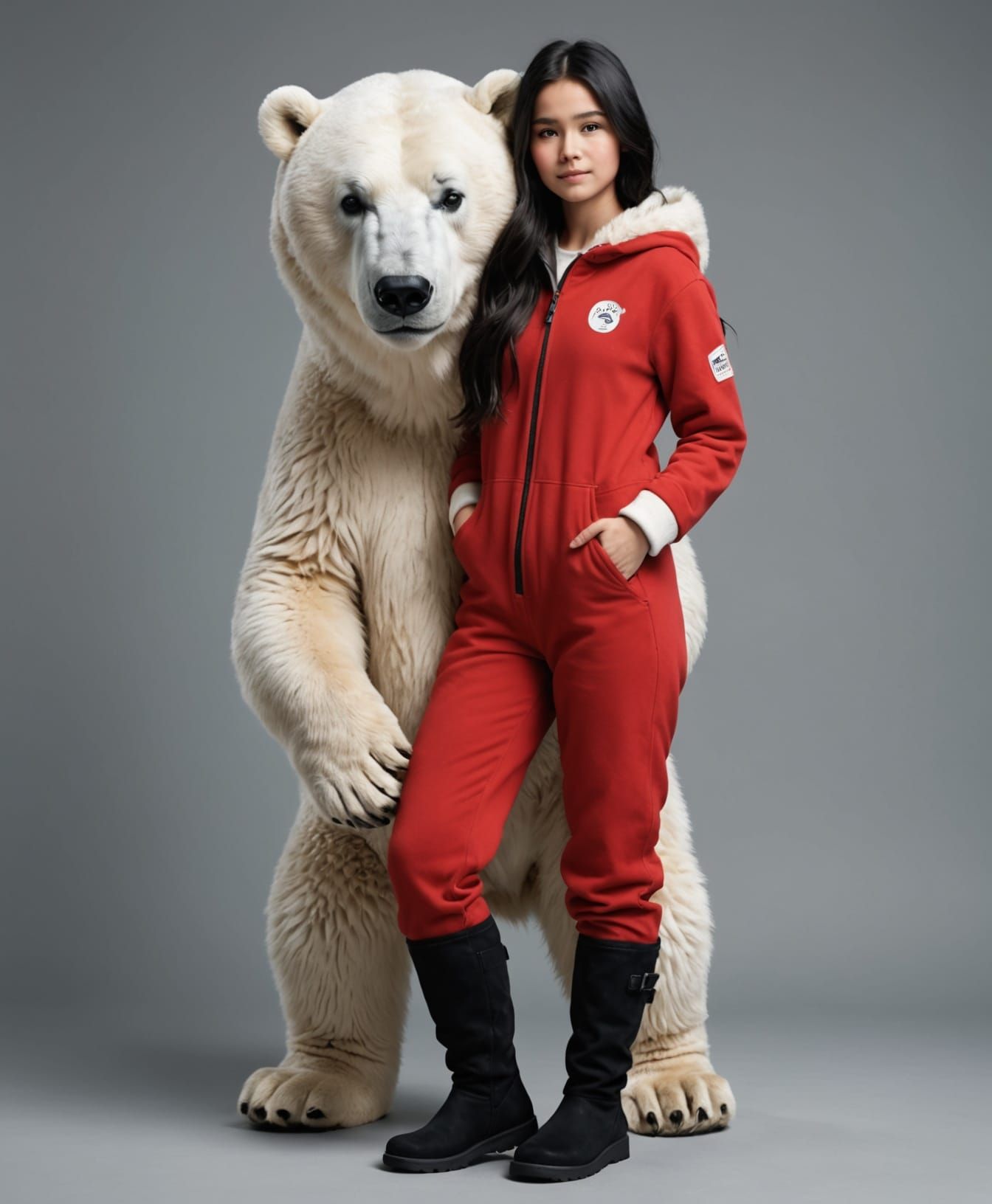 Girl in Red Jumpsuit Hugging Polar Bear