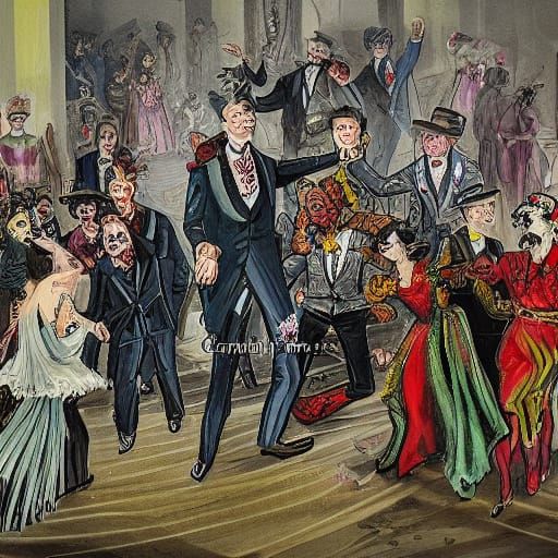 Grotesque Zombies Dance in Eerie Ballroom Oil Painting