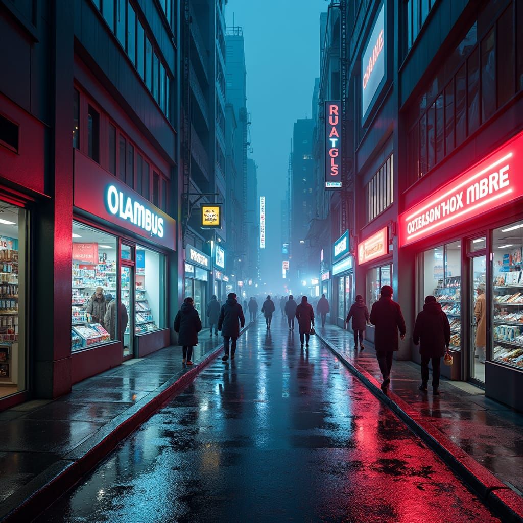 Cyberpunk Cityscape at Noon with Neon Reflections